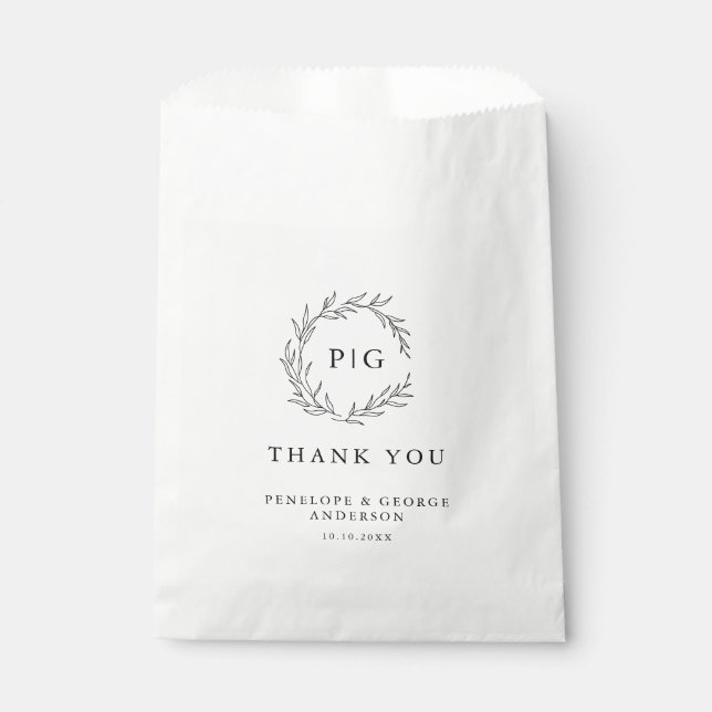Minimalist Black and White Leaf Modern Wedding Favour Bag (Front)