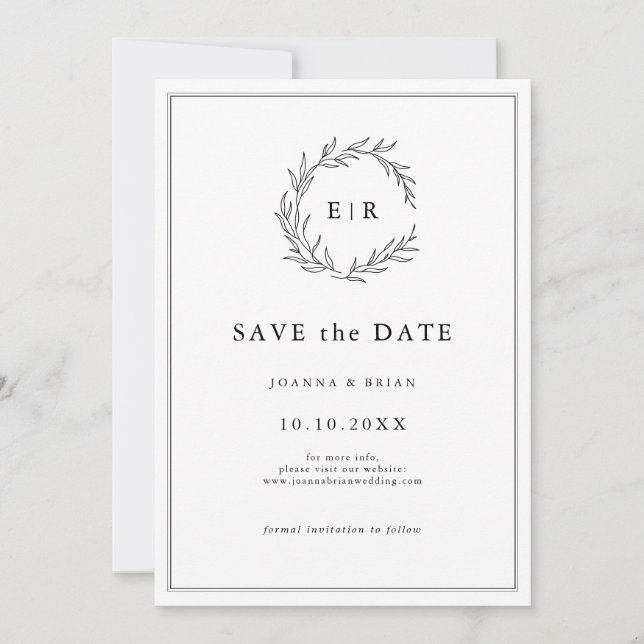 Minimalist Black and White Leaf Modern Wedding Save The Date (Front)