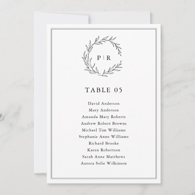 Minimalist Black and White Leaf Seating Chart Card (Front)