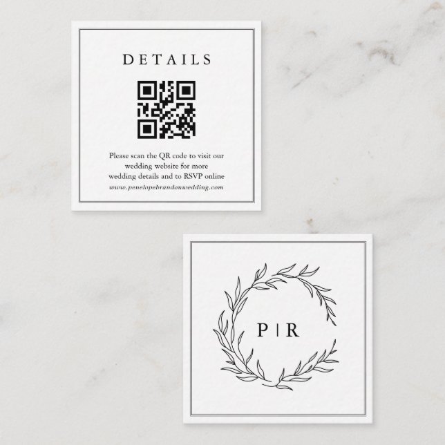 Minimalist Black and White Leaf Wedding Details Enclosure Card (Front/Back)