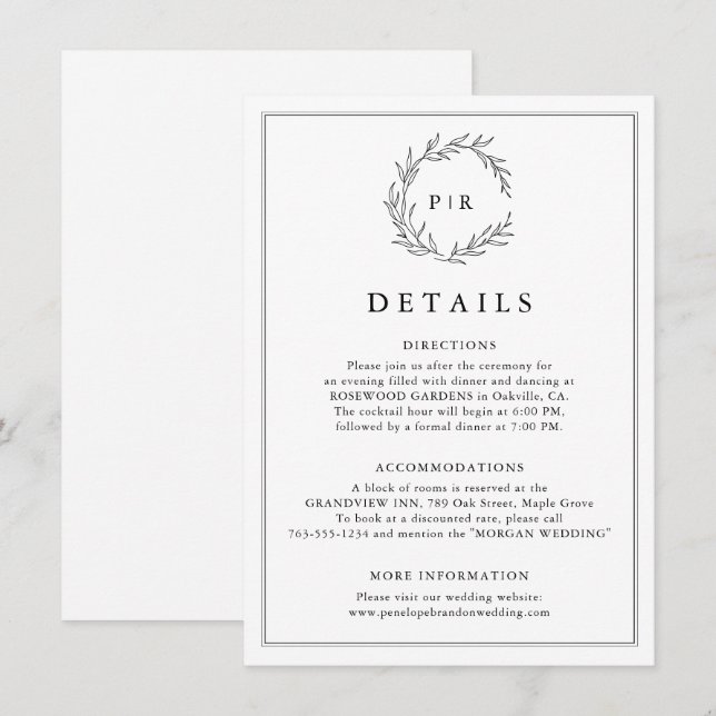 Minimalist Black and White Leaf  Wedding Details  Enclosure Card (Front/Back)