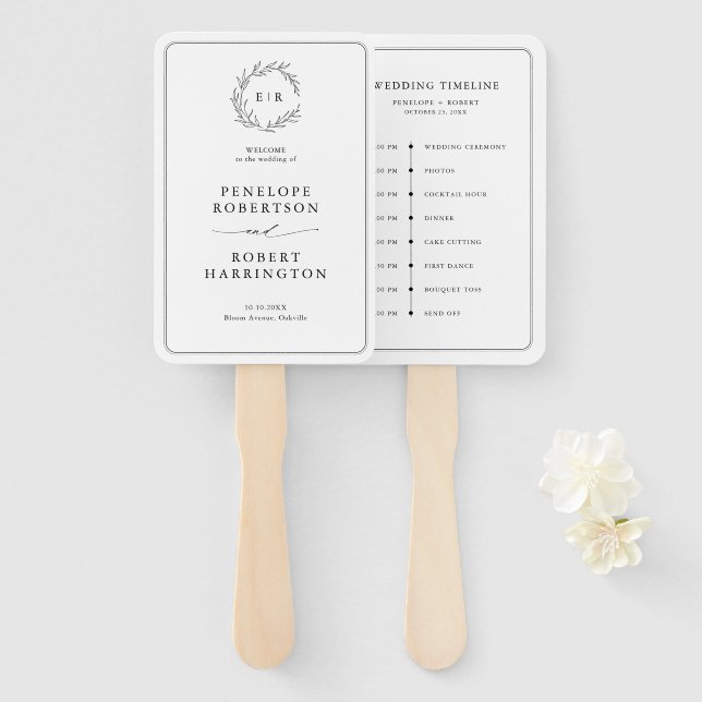 Minimalist Black and White Leaf Wedding Timeline Hand Fan (Front and Back)