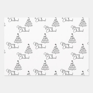Minimalist Black and White Merry Christmas Tree Wrapping Paper Sheet