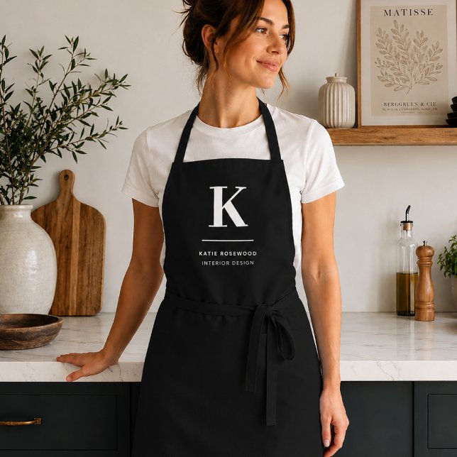 Minimalist Black and White Modern Monogram Apron (Black initial name apron for cafes, restaurants, salons, studios, and staff uniforms.)