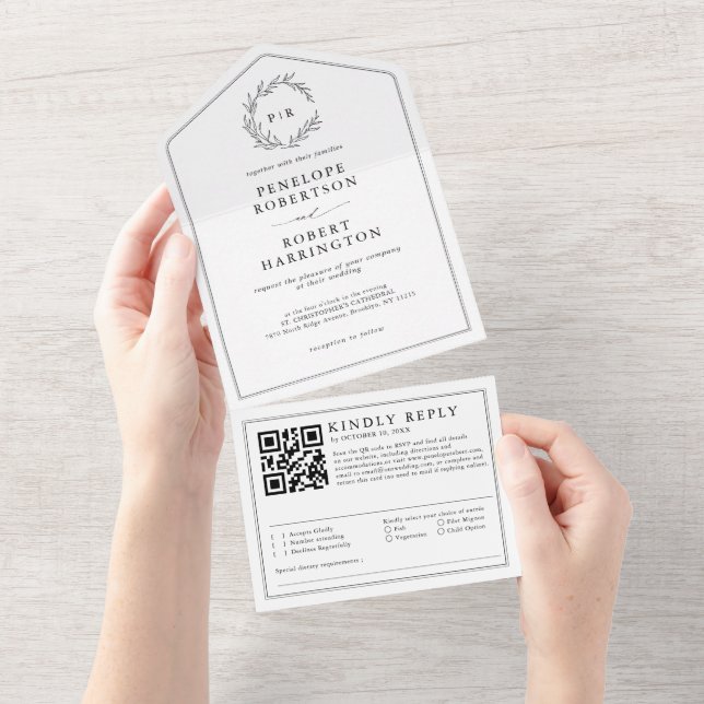 Minimalist Black and White Modern QR Code Wedding All In One Invitation (Tearaway)