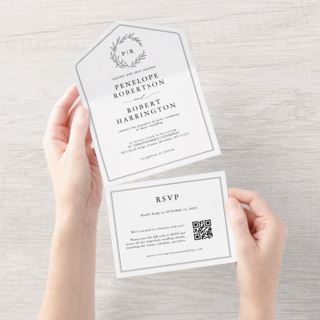 Minimalist Black and White Modern QR Code Wedding  All In One Invitation (Tearaway)