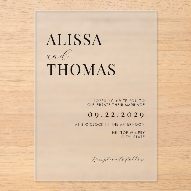 Minimalist Black and White Modern Wedding Acrylic Invitations (Front)