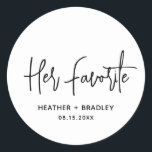 Minimalist Black and White Modern Wedding Classic Round Sticker<br><div class="desc">Modern wedding favour stickers featuring a simple design with "Her Favourite" in an elegant script typography along with your names and wedding date in a minimalist sans serif font. All design elements are in black and white. A chic design for any style of wedding. These custom stickers are great for...</div>