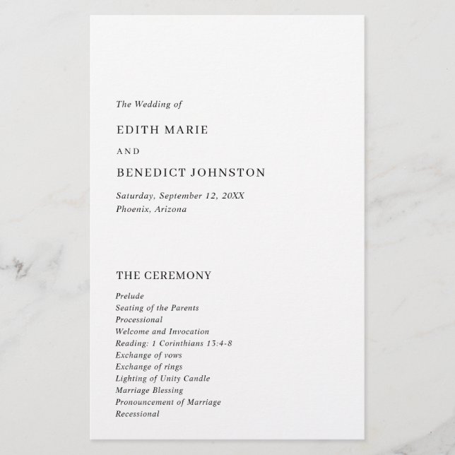 Minimalist Black and White Modern Wedding Program (Front)