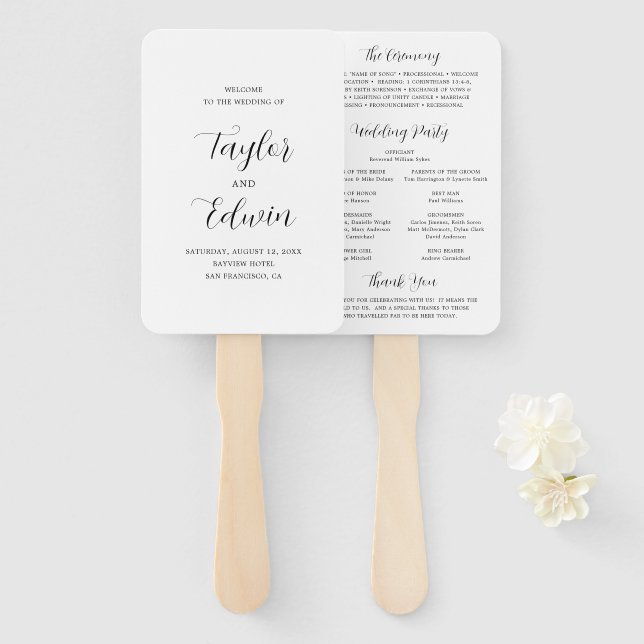 Minimalist Black and White Modern Wedding Program Hand Fan (Front and Back)
