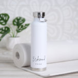 Minimalist Black and White Modern Wedding Water Bottle<br><div class="desc">Modern black and white wedding water bottle featuring a simple and minimalist design with "bridesmaid" in an elegant script along with her name.  A cute and girly gift for your bridesmaids.</div>