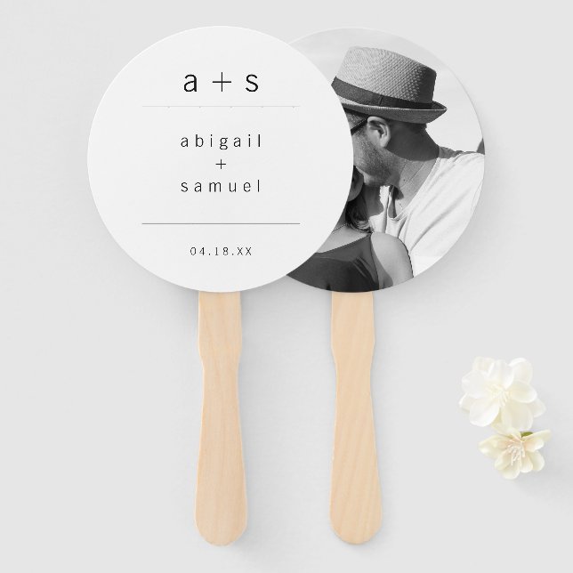 Minimalist Black and White Monogram Photo Wedding Hand Fan (Front and Back)