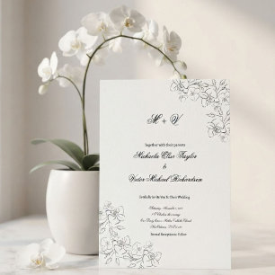 Minimalist Black and White Orchid Line Art Wedding Invitation