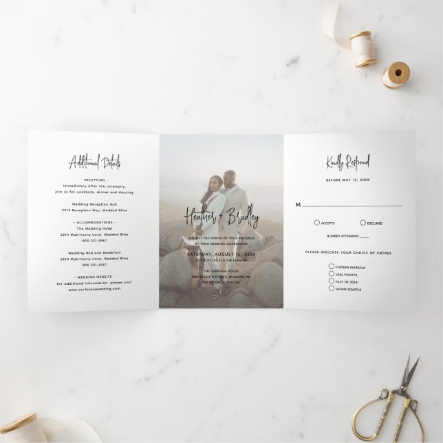 Minimalist Black and White Photo Modern Wedding Tri-Fold Invitation (Inside)