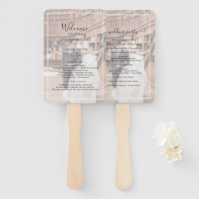 Minimalist Black And White Photo Wedding Program Hand Fan (Front and Back)