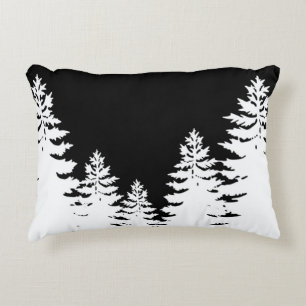Minimalist black and white pine tree silhouette accent pillow