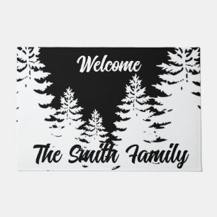 Minimalist black and white pine tree silhouette doormat