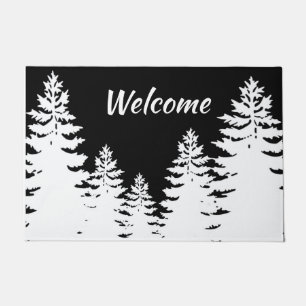 Minimalist black and white pine tree silhouette    doormat