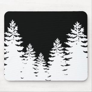 Minimalist black and white pine tree silhouette mouse pad