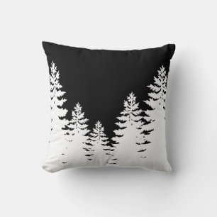 Minimalist black and white pine tree silhouette throw pillow