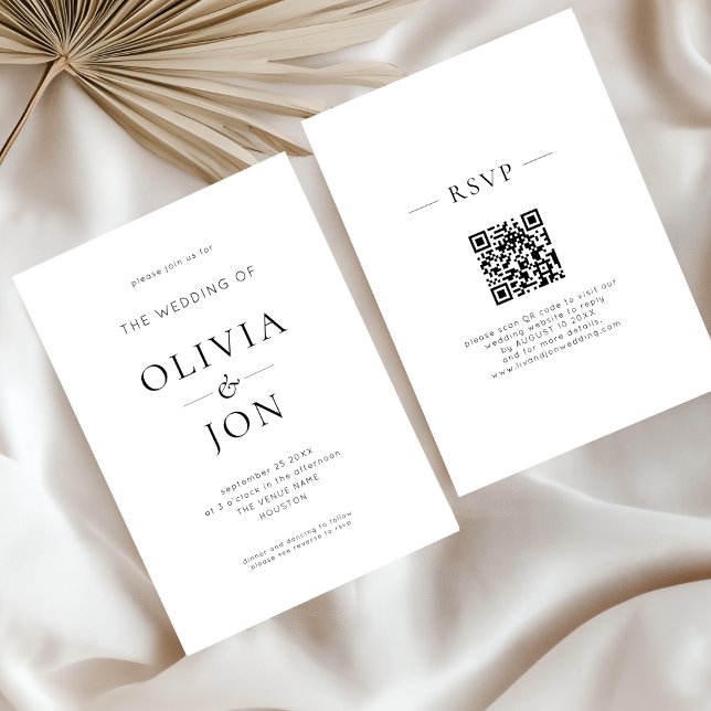 Minimalist Black and White QR Code Wedding Invitation (Front and back)