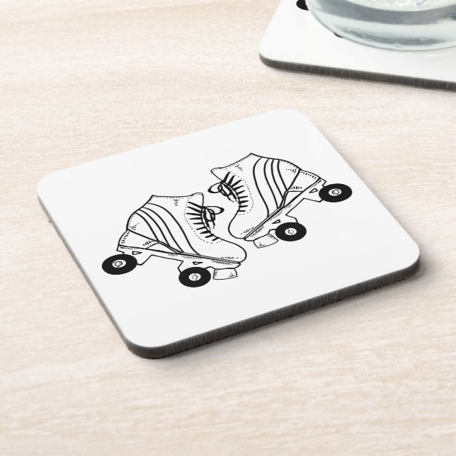 Minimalist Black And White Roller Skates Drawing Coaster (Left Side)
