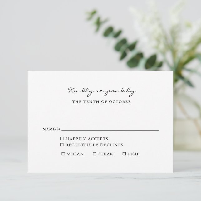 Minimalist Black and White Script Meal Choice  RSVP Card (Standing Front)