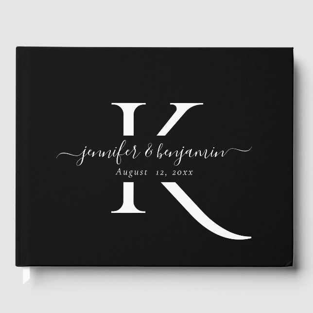 Minimalist Black and White Script Monogram Wedding Guest Book (Front)
