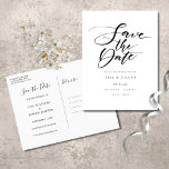 Minimalist Black and White Script Save the Date Announcement Postcard<br><div class="desc">This minimalist save the date card features an elegant script save the date above your details set in elegant typography. The reverse has additional save the date details,  including your wedding website,  with your return address and space for your recipient's address. Designed by Thisisnotme©</div>
