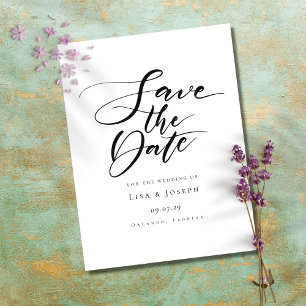 Minimalist Black and White Script Save the Date Postcard