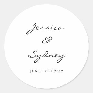 Minimalist Black and White Script Wedding Custom Classic Round Sticker