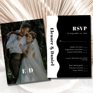 Minimalist Black and White Side Wave Photo Wedding RSVP Card