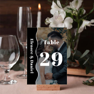 Minimalist Black and White Side Wave Photo Wedding Table Number