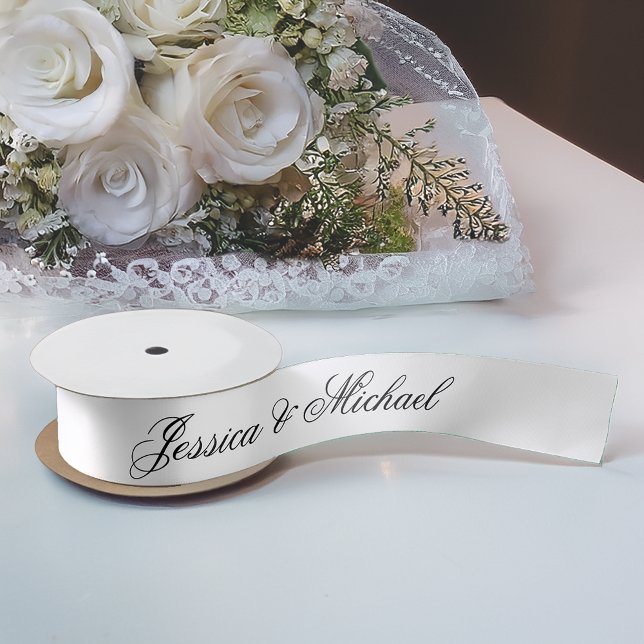 Minimalist Black and White Simple Calligraphy  Satin Ribbon (Ribbon with bride bouquet)