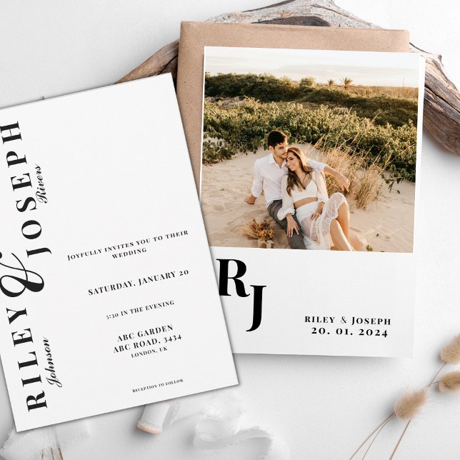 Minimalist black and white simple wedding photo invitation (Creator Uploaded)