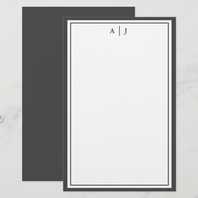 Minimalist Black and White Two Border Monogram Stationery (Front/Back)
