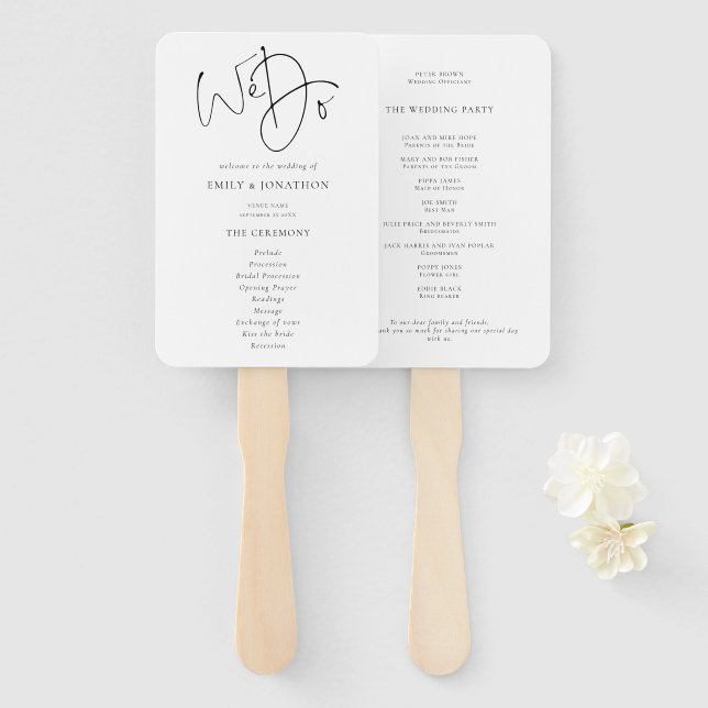 Minimalist Black and White We Do Wedding Program Hand Fan (Front and Back)