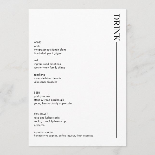 Minimalist Black and White Wedding Drinks 5x7 Menu (Front)