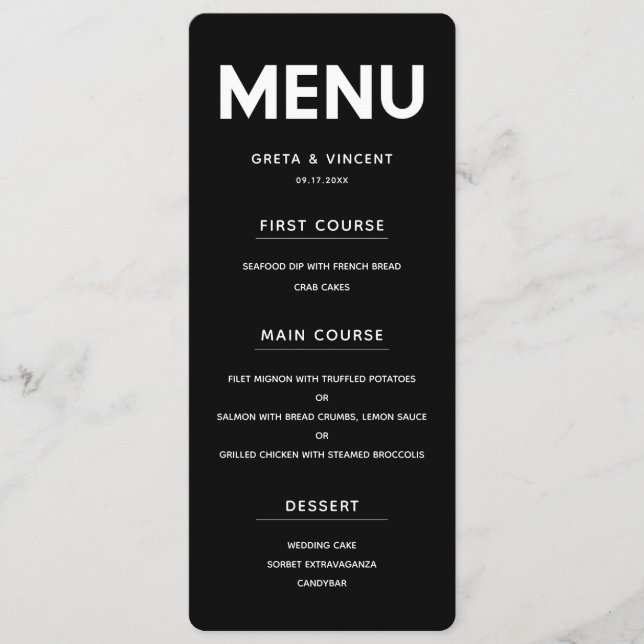Minimalist Black and white wedding menu card (Front)