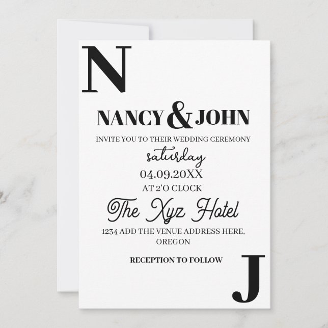 Minimalist Black and White Wedding Monogram Custom Invitation (Front)