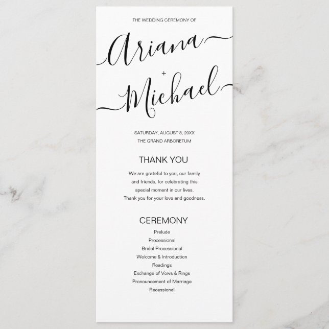Minimalist Black and White Wedding Names Script Program (Front)