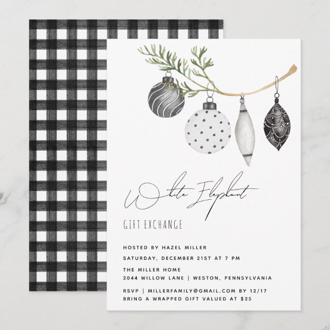 Minimalist Black and White White Elephant Invitation (Front/Back)