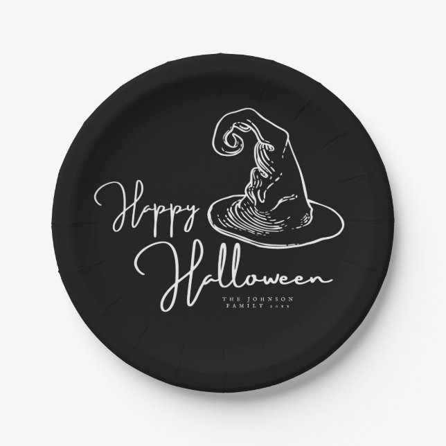 Minimalist Black And White Witches Hat Paper Plate (Front)