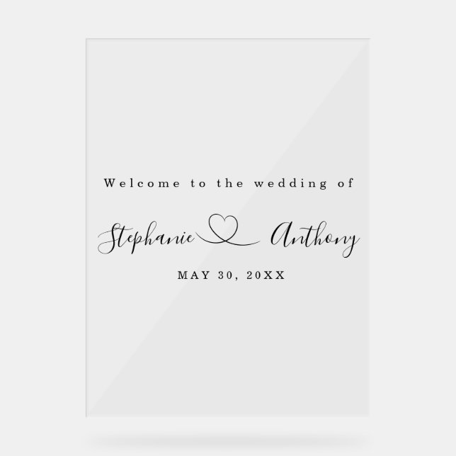 Minimalist Black and White With a Heart Wedding   Acrylic Sign (Front)