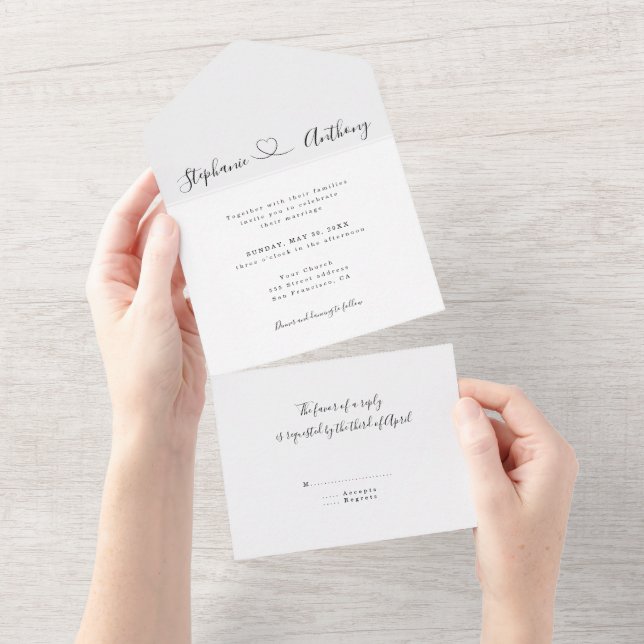 Minimalist Black and White With a Heart Wedding  All In One Invitation (Tearaway)