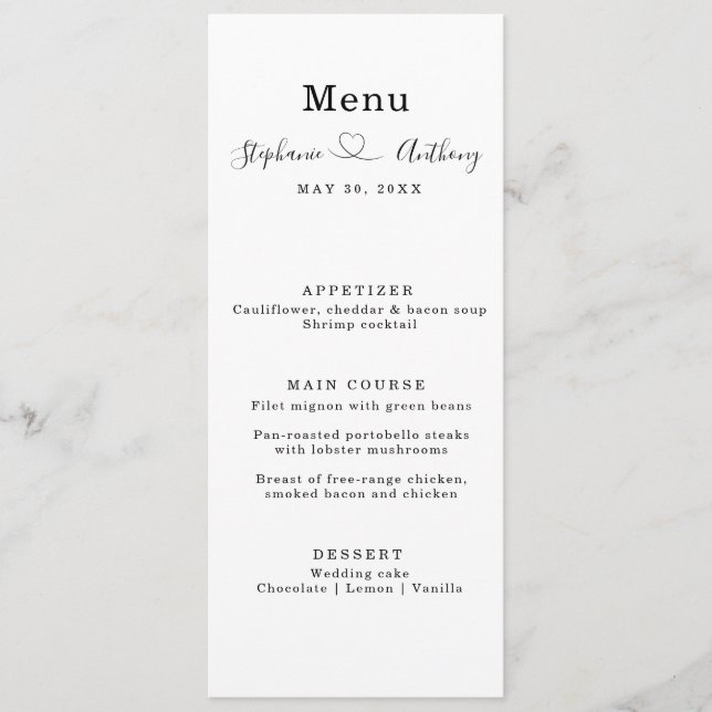 Minimalist Black and White With a Heart Wedding   Menu (Front)