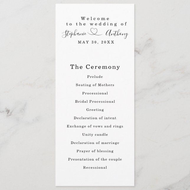 Minimalist Black and White With a Heart Wedding   Program (Front)