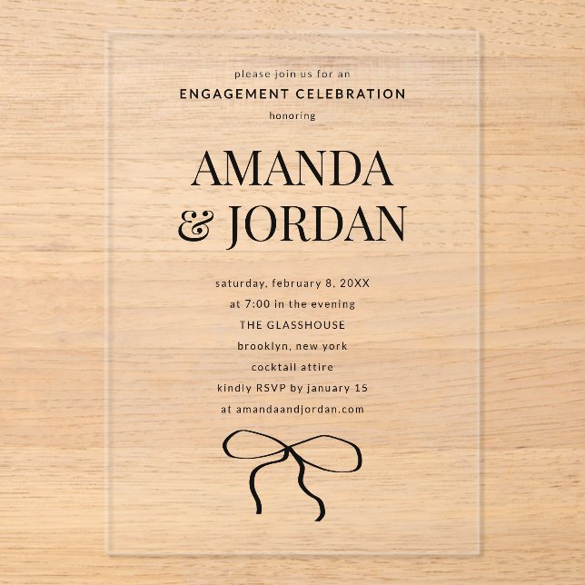 Minimalist Black and White with Ribbon Engagement Acrylic Invitations (Front)