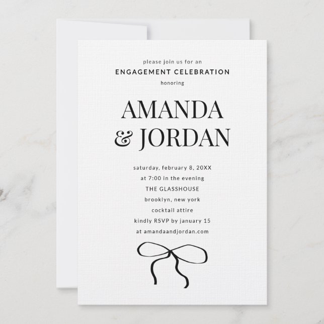 Minimalist Black and White with Ribbon Engagement Invitation (Front)