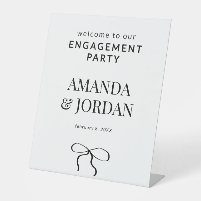 Minimalist Black and White with Ribbon Engagement Pedestal Sign (Front)